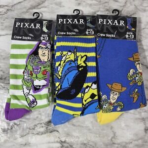 Disney Pixar Lot3 Toy Crew Socks Size 9-13 Toy Story Minions Buzz Lightyear NEW